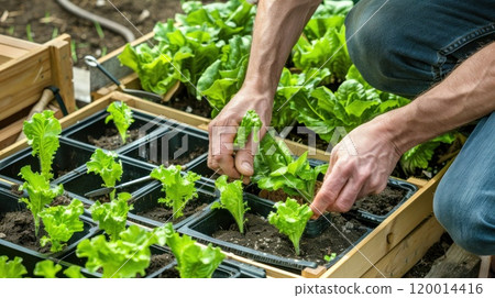 A man is planting lettuce in a garden A man is planting lettuce in a garden 120014416