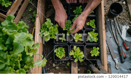 A man is planting lettuce in a garden 120014417