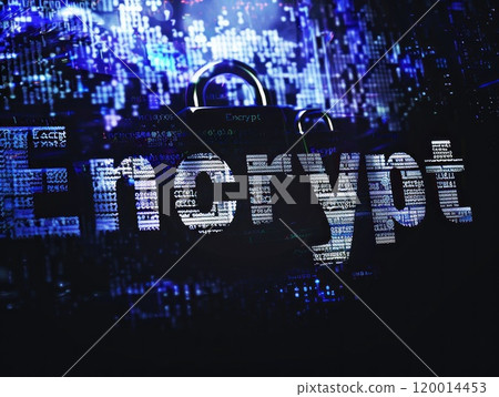 A black and white image of a city with the word Encrypt written in white. The image has a futuristic and mysterious vibe, with the cityscape 120014453