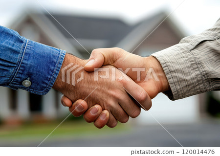 Contractor and homeowner finalize agreement with handshake for home renovation project. symbolizing trust and partnership in home building 120014476
