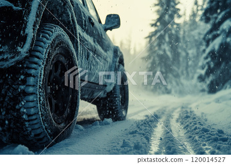 Snowy country road with car on winter day, closeup. Space for text 120014527