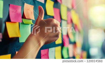 A diverse team of account managers brainstorming marketing strategies using a sticky notes in a bright, collaborative workspace. 120014560
