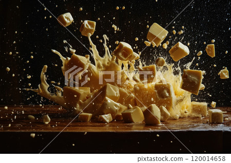 Splash of parmesan cheese shavings falling down onto a wooden board, with dust particles of cheese suspended mid-air Splash of parmesan cheese shavings falling down onto a wooden board, with dust particles of cheese suspended mid-air 120014658