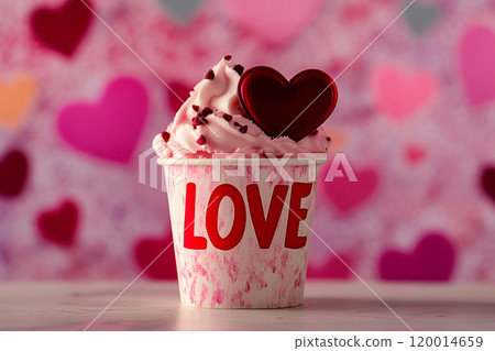 Studio shot of ice cream with cup typing LOVE on isolated background. Studio shot of ice cream with cup typing LOVE on isolated background. 120014659