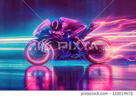 A neon bike is shown in a neon color with a man on it 120014678
