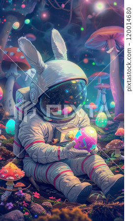 A cartoon of a rabbit in a space suit holding an egg A cartoon of a rabbit in a space suit holding an egg 120014680