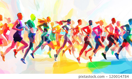 Dynamic illustration of runners in vibrant colors, showcasing movement and athleticism against a colorful abstract background. 120014784