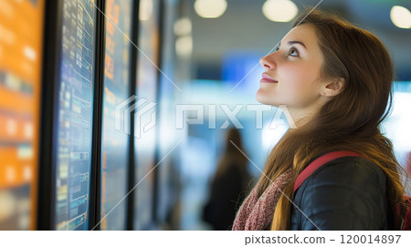 Young woman looking at a digital bulletin board 120014897
