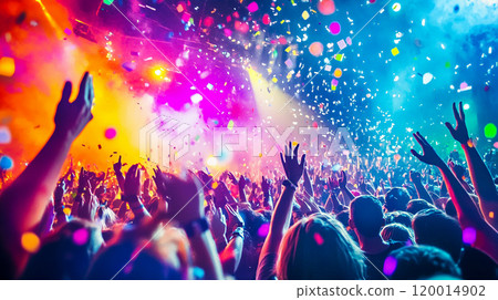 Audience and colorful lighting at a concert 120014902