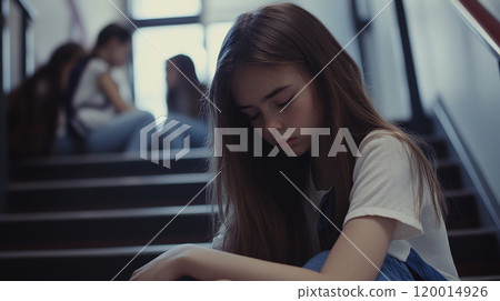 Young woman looking down on the stairs Young woman looking down on the stairs 120014926
