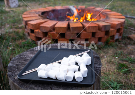 Marshmallow on a tray to roast on a bonfire on a round brick bonfire in the courtyard of the house Marshmallow on a tray to roast on a bonfire on a round brick bonfire in the courtyard of the house 120015061