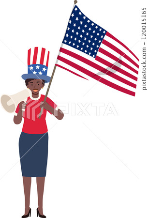 African American Woman Holding American Flag with Megaphone for Independence Day and Patriotism 120015165