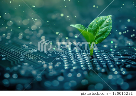 Small plant on circuit board, technology and sustainability concept. Small plant on circuit board, technology and sustainability concept. 120015251