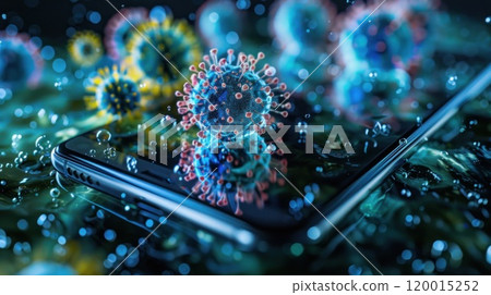 A cell phone is covered in virus and bacteria. A cell phone is covered in virus and bacteria. 120015252