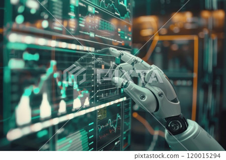 A robot is touching a computer screen with a green background 120015294