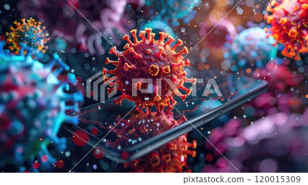 A cell phone is covered in virus and bacteria. 120015309