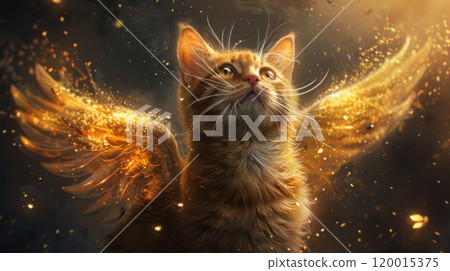 A cat with golden wings is flying in the air 120015375