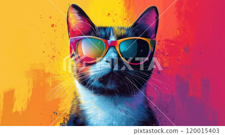 A cat wearing sunglasses and a colorful background 120015403