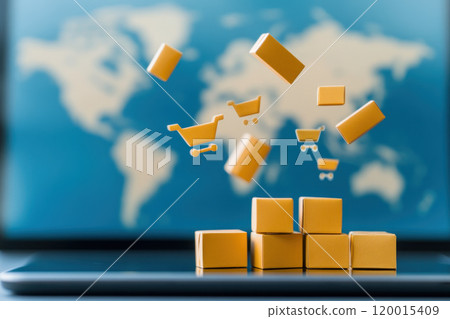E commerce shopping cart icons floating above yellow blocks symbolize online shopping E commerce shopping cart icons floating above yellow blocks symbolize online shopping 120015409