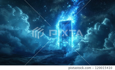 A blue door is shown in the sky with clouds and stars 120015410