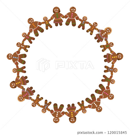 Circle frame with gingerbread figures holding hands. Decorative border of gingerbread men, women and children, forming groups and families, expressing friendship, teamwork and a peaceful society. 120015845