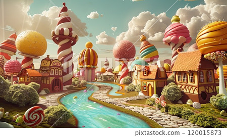 Artistic Illustration of Whimsical Chocolate Factory with Chocolate Rivers and Candy Trees Concept Playful Chocolate Day Banner Evoking Nostalgia and Wonder 120015873