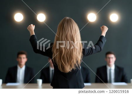 Empowered entrepreneur presenting confidently to boardroom audience, showcasing leadership and innovation. atmosphere is charged with anticipation and engagement 120015916