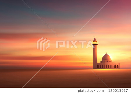 Minimalist mosque illustration with simple clean lines at sunset 120015917