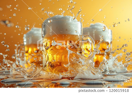 Three glasses of beer are splashing water, creating a fun and playful atmosphere 120015918