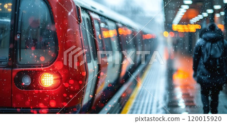 A red train with its doors open and a person walking in the rain 120015920