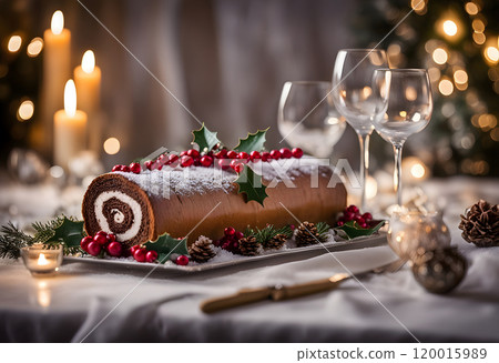 Traditional chocolate trunk cake or log cake on table with Christmas decorations 120015989
