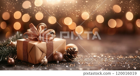Festive holiday display with a glittery gift box and glowing bokeh background 120016019