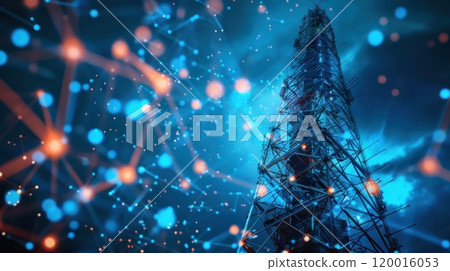 A futuristic communication tower with glowing connections, depicting the seamless integration of network technology A futuristic communication tower with glowing connections, depicting the seamless integration of network technology 120016053