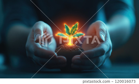 A person nurturing glowing plant symbolizes growth and potential A person nurturing glowing plant symbolizes growth and potential 120016073