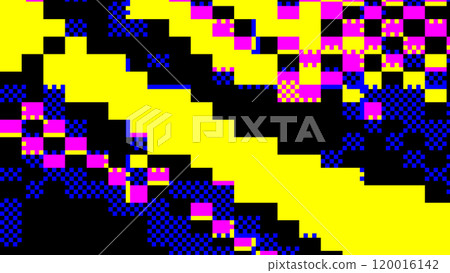 Abstract glitch art - pixelated yellow, blue, pink pattern on black background Abstract glitch art - pixelated yellow, blue, pink pattern on black background 120016142