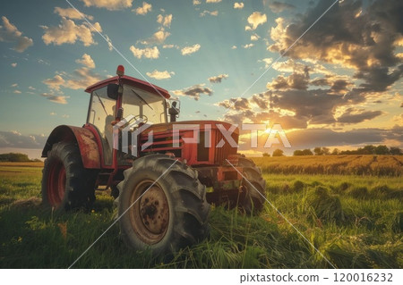 A red tractor is driving through a field of dirt 120016232