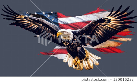A large eagle is flying over a red, white, and blue American flag A large eagle is flying over a red, white, and blue American flag 120016252