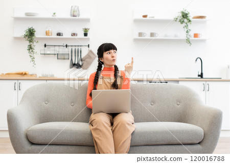 Woman working remotely with laptop on a modern cozy sofa Woman working remotely with laptop on a modern cozy sofa 120016788