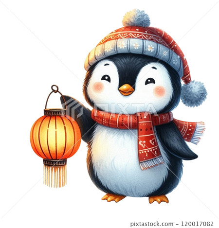 Cute animals holding Chinese lanterns  120017082