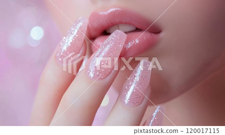 Whimsical close-up of woman's hand with glittering pink manicure for beauty and fashion Whimsical close-up of woman's hand with glittering pink manicure for beauty and fashion 120017115