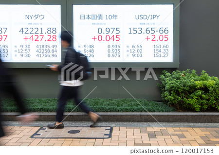 Street display of stock prices and yen exchange rates Exchange rate board Stock price board Street display of stock prices and yen exchange rates Exchange rate board Stock price board 120017153
