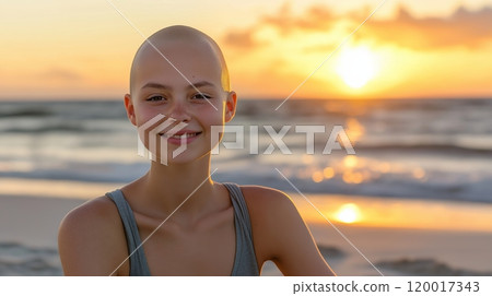 Serene Teenage Girl with Shaved Head Enjoying a Beach Sunset 120017343