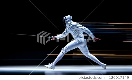 Dynamic Fencing Action of Male Athlete in Mid 20s in White Suit 120017349
