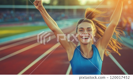 Euphoric Finish Line Moment of a Female Sprinter in Blue Athletic Wear at Sunset 120017452