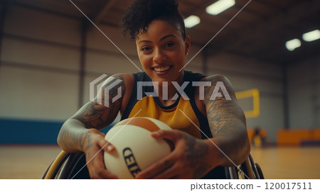 Empowering Portrait of a Female Wheelchair Rugby Player in Action for Sports Inspiration 120017511