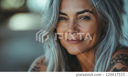 Confident Mature Woman with Gray Hair and Septum Piercing Expressing Empowerment and Style 120017555