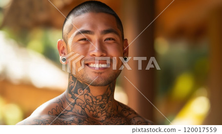 Traditional Japanese Tattoo Portrait of a Smiling Man in Sunlit Outdoor Setting 120017559