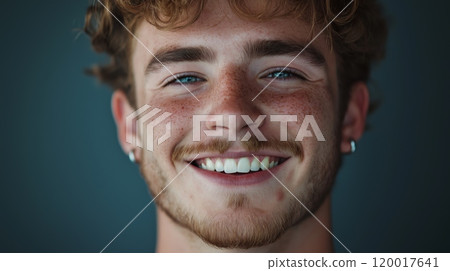CloseUp Portrait of a Smiling Young Man with Freckles and Earrings for Branding and Social Media Content 120017641
