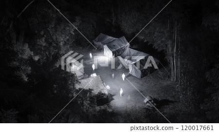 Nighttime Thermal Imaging of Remote Jungle Camp with Tent Structures and People Nighttime Thermal Imaging of Remote Jungle Camp with Tent Structures and People 120017661