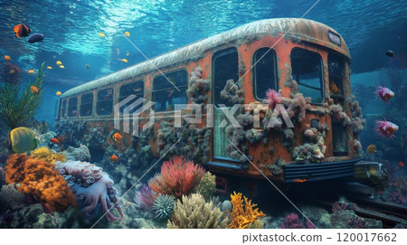 Vintage New York City Subway Car Resting on the Seabed, Surrounded by Vibrant Coral and Marine Life Vintage New York City Subway Car Resting on the Seabed, Surrounded by Vibrant Coral and Marine Life 120017662